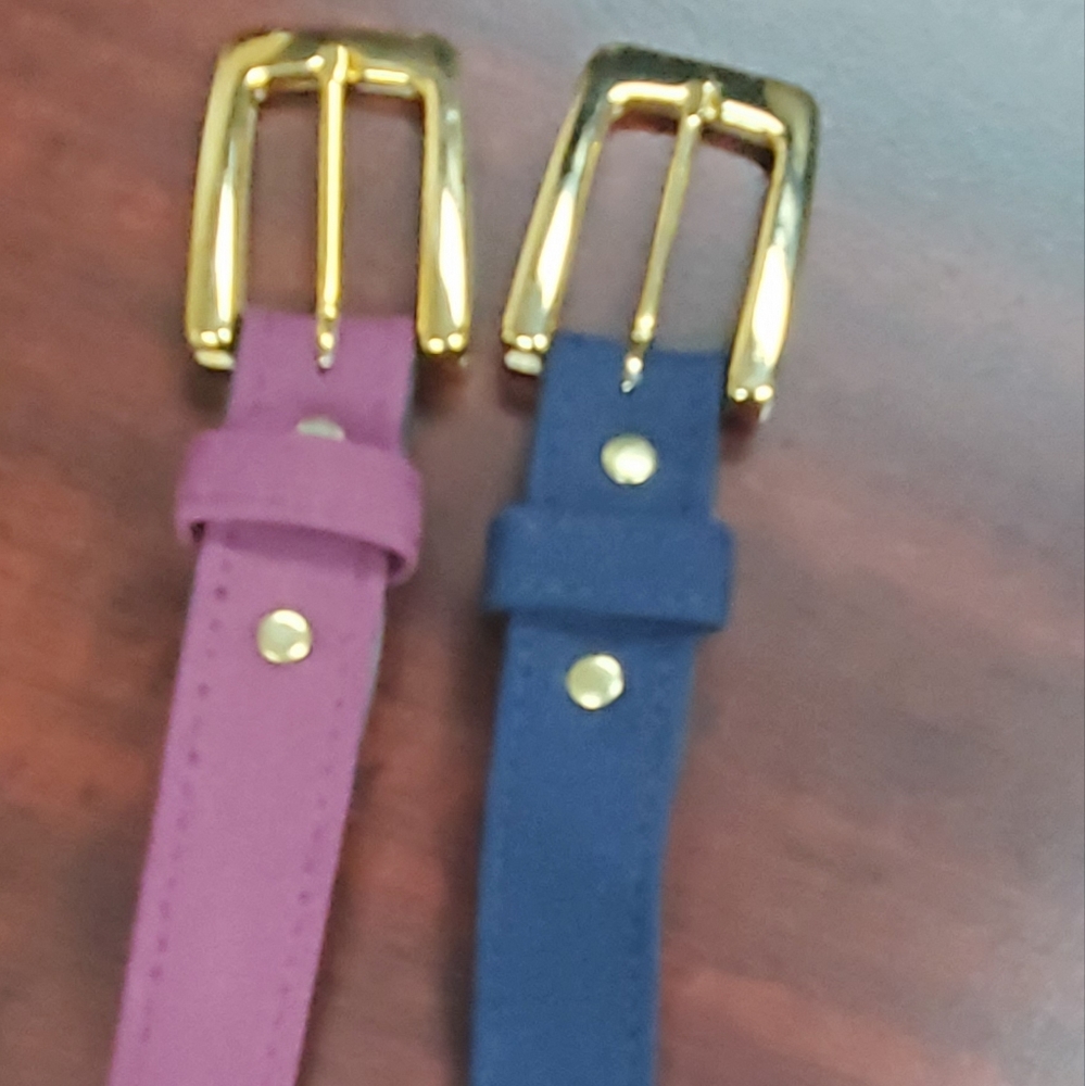 2 belts (wine & navy). Cloth covering. Gold needle buckle. 5 holes. 42 in